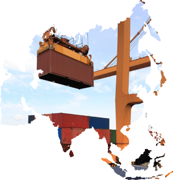 Port crane lifting a shipping container above stacked cargo containers